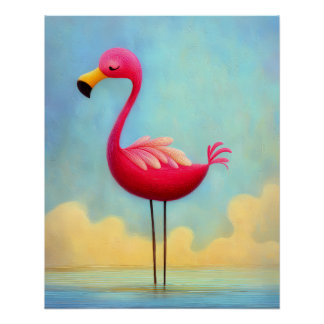 Póster pinker Flamingo im blauen Wasser - Cartoon Stil