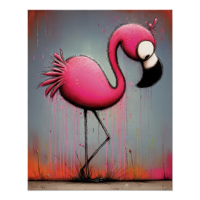 Póster pinker Flamingo mit großen Augen - Cartoon Stil (Frente)