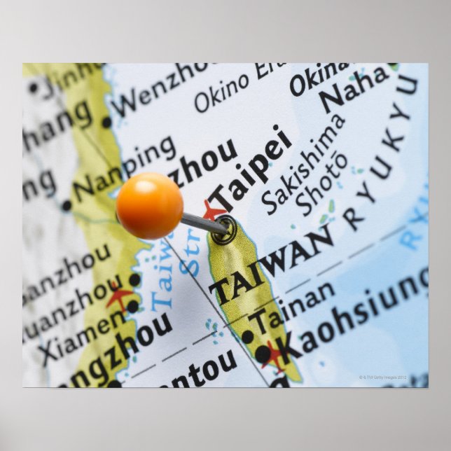 Poster Pino do mapa colocado em Taipé, Taiwan no mapa; (Frente)