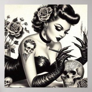 Poster Pino-up do Gótico tatuado retrô