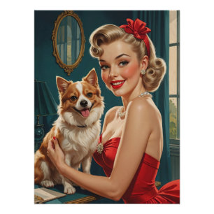 Póster Pino-up loiro sorridente em vestido vermelho com c