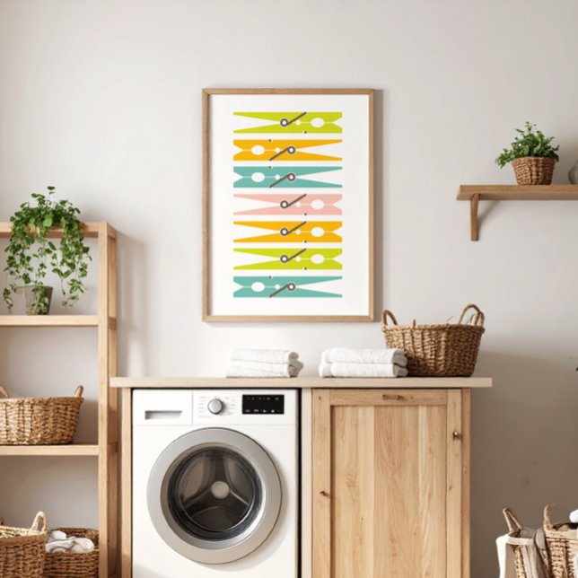Poster Pinos De Roupas Arte Da Sala De Lavagem De Cor Ret (fun, colorful, modern clothes pin art to brighten up a boring laundry room)