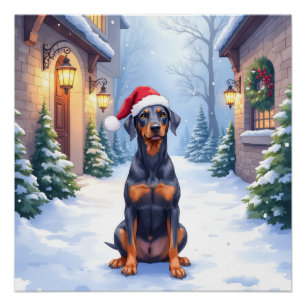 Póster Pinscher Alemão com Chapéu de Papai Noel no Pátio