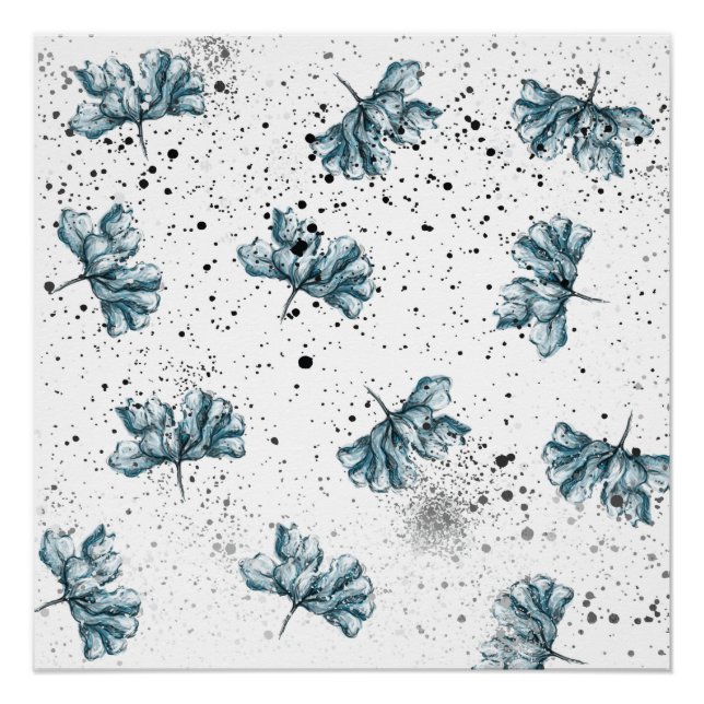 Póster Pintado à mão azul Floral (Frente)