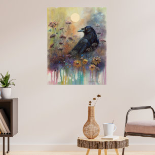 Poster Pintado à Mão Raven com Flores Selvagens