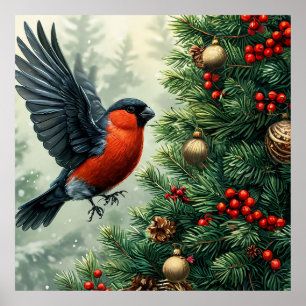 Poster Pintarroxo pousado em uma árvore de Natal decorada