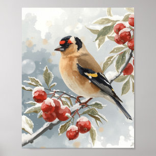 Poster Pintassilgo Elegante em Aquarela com Vermelho Cong