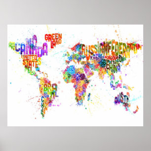 Poster Pinte espirra o mapa de texto do mundo