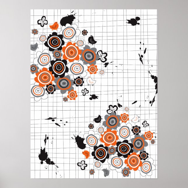 Póster Pintinhos de Flores Laranja Grunge Tintas Escadas  (Frente)