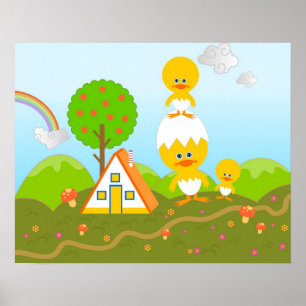 Póster Pintinhos e árvore alaranjada