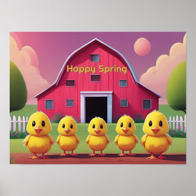 Poster Pintinhos Felizes de Primavera no Quintal (Frente)