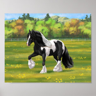 Poster Pinto Negro Piebald Gypsy Cavalo de Rascunho de Va