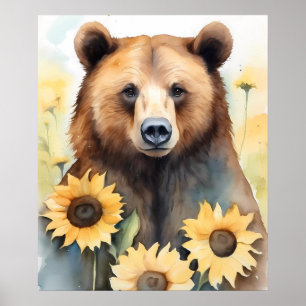 Poster Pintor De Aquarelas Urso Castanho E Girassóis