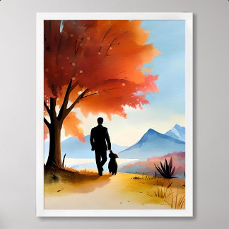 Poster pintor de estimação cão caminhando árvore azul