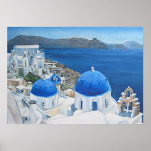 Póster Pintor de óleo da igreja azul Santorini Oia