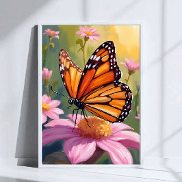 Poster Pintor Flor Rosa-Borboleta Monarca
