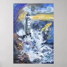 Pintura a Acrílico Impasto de Farol em Mar Tempest