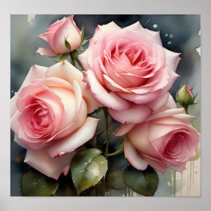Poster pintura a aquarela do jardim da rosa claro bonito