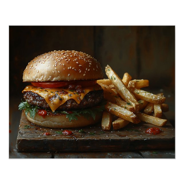 Póster Pintura a Cheeseburger e Fritas de Alho (Frente)