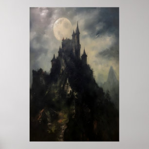 Poster Pintura a Óleo Antiga de Castelo Escuro na Montanh