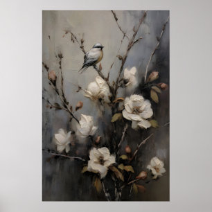 Poster Pintura a Óleo Antiga de Pássaros e Árvores, Vinta