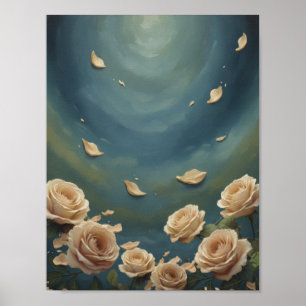 Poster Pintura a Óleo Azul Turquesa com Rosas e Pétalas F