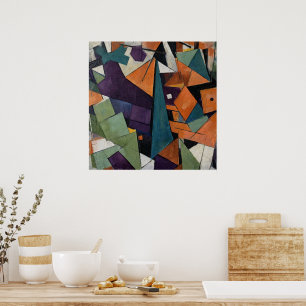 Poster Pintura a óleo cubista geométrica abstrata - Roxo 
