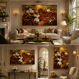 Poster Pintura a Óleo da Volta das Grous Lótus Dourado