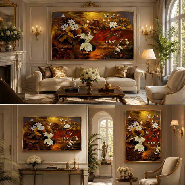 Poster Pintura a Óleo da Volta das Grous Lótus Dourado (Criador carregado)