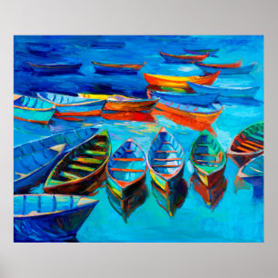 Poster pintura a óleo de barcos e mar na canvas. Sunset