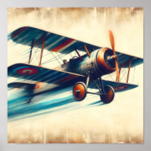 Pintura a Óleo de Biplano Clássico Vintage Voador