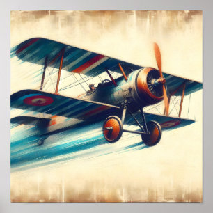 Poster Pintura a Óleo de Biplano Clássico Vintage Voador
