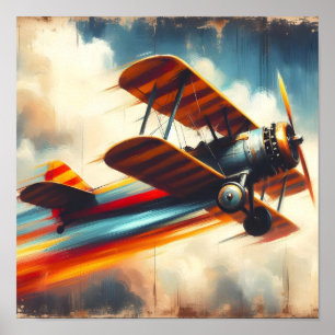 Poster Pintura a Óleo de Biplano Vintage Retro