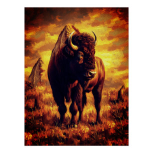 Póster Pintura a óleo de bisão majestoso – Pôr do sol na 