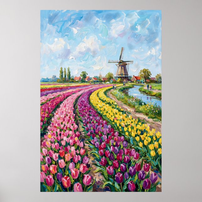 Poster Pintura a Óleo de Campo de Tulipas Holandês (Frente)