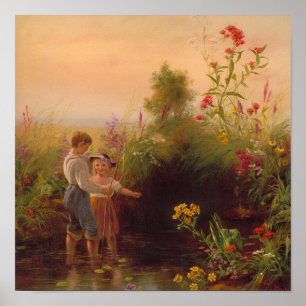 Poster Pintura a Óleo de Crianças Antigas Pescando no Cór