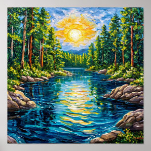 Poster Pintura a óleo de lago na floresta