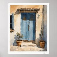 Pintura a Óleo de Porta de Aldeia Azul Lavada pelo