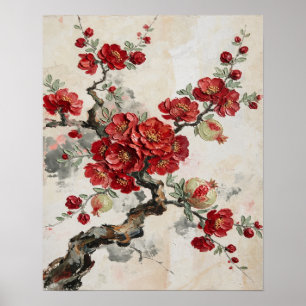 Poster Pintura a óleo de romã com flores vermelhas no ram