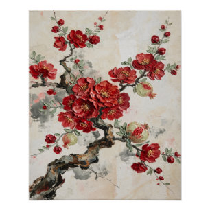 Póster Pintura a óleo de romã com flores vermelhas no ram