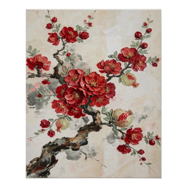 Póster Pintura a óleo de romã com flores vermelhas no ram (Frente)