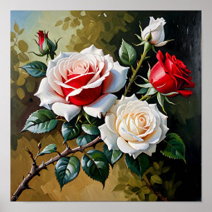 Poster Pintura a óleo de rosas rosa branco vermelho bonit
