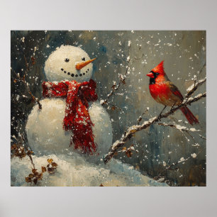 Poster Pintura a óleo do boneco de neve e um cardeal