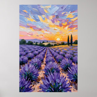 Poster Pintura a Óleo do Campo de Lavanda ao Pôr do Sol