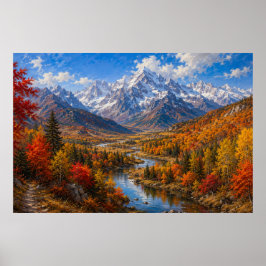 Poster Pintura a óleo do vale da montanha de outono