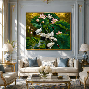 Póster Pintura a Óleo Elegante Lótus e Grou Asiático Dour