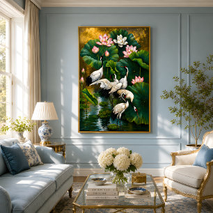 Póster Pintura a Óleo Elegante Lótus e Grou Asiático Dour