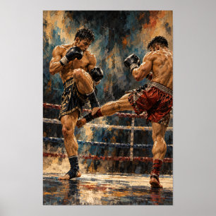 Poster Pintura a Óleo Expressiva de Luta de Muay Thai Kic
