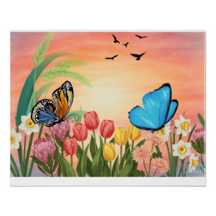 Póster Pintura a Óleo Floral de Borboleta Elegante