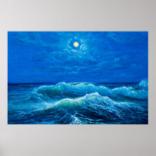 Poster pintura a óleo mostrando ondas no oceano ou no mar